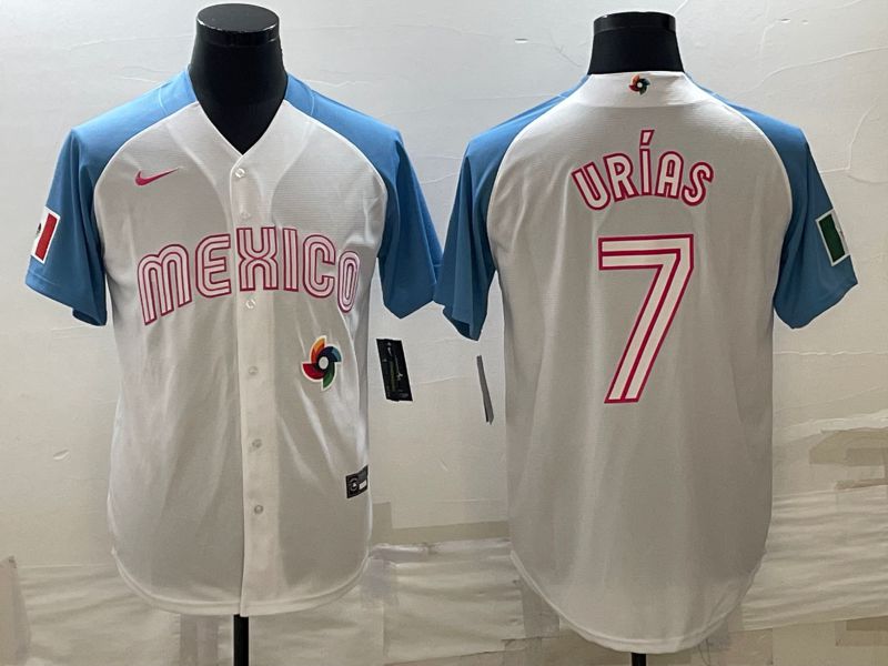 Men 2023 World Cub Mexico #7 Urias White blue Nike MLB Jersey2